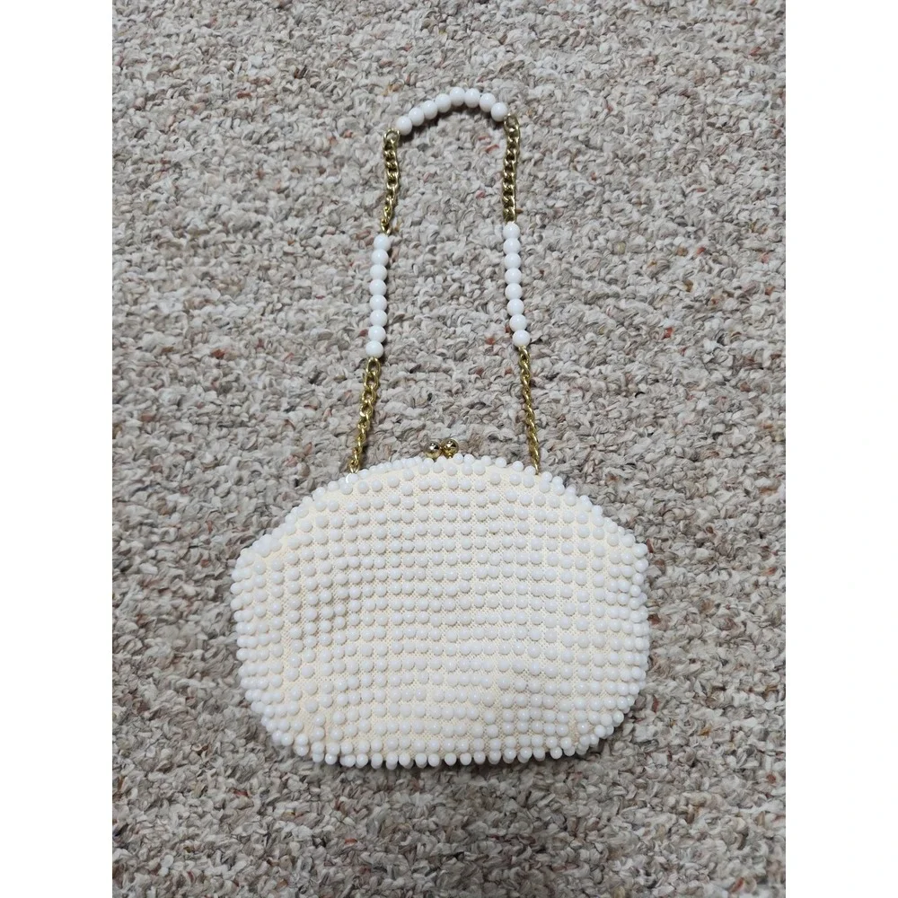 John Wind Purse Vintage Beaded 60's Hong Kong Boho Hippie Cloth Bag Ivory Gold